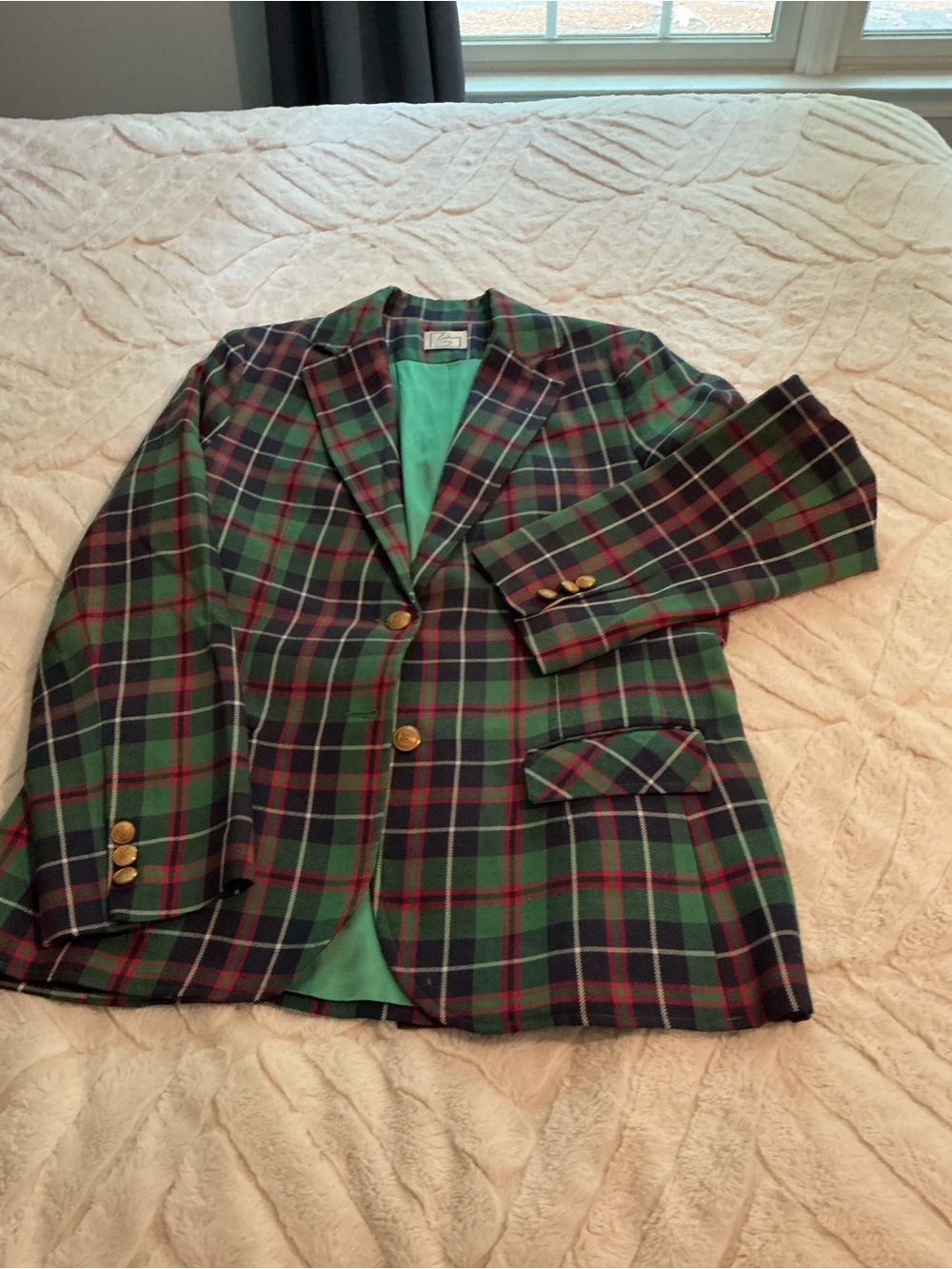 Plaid Green & Navy Blazer with Gold Buttons